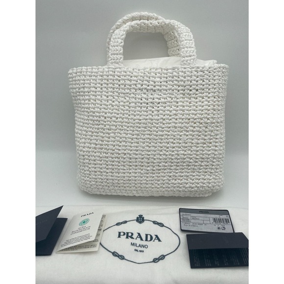 BRAND NEW PRADA RAFFIA CROCHET SMALL VACATION WHITE TOTE BAG AUTHENTIC! - Picture 5 of 14